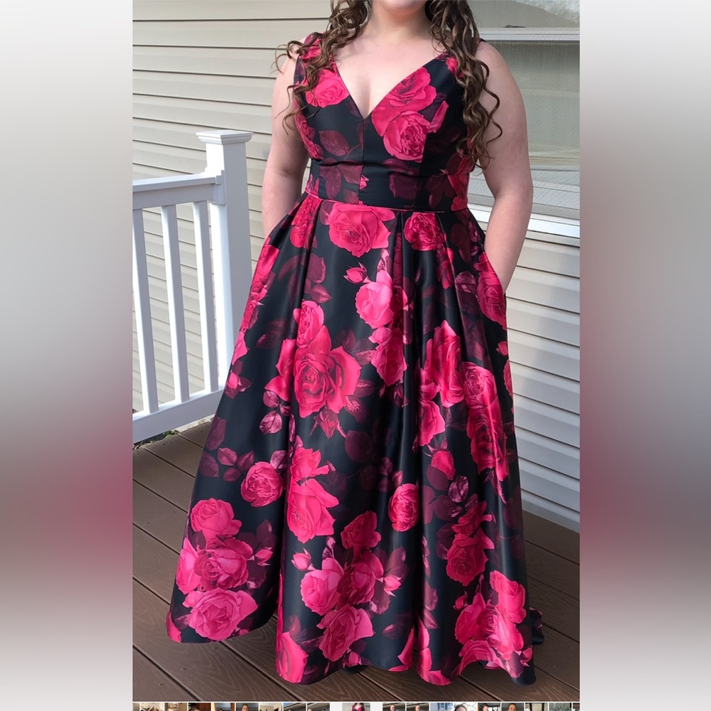 Betsy & Adam Black Prom Dress with Bright Pink Rose Print